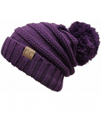 Skullies & Beanies Warm Chunky Soft Oversized Cable Knit Slouchy Beanie with Pom Pom - Dark Purple - CI12KBZO00L