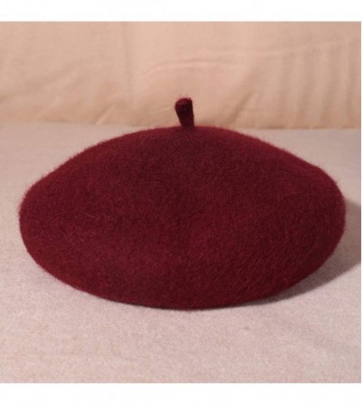 Berets Women Beret French Style Barret Hat Solid Color Wool Warm Hat - Burgundy - CR18ZC433E4