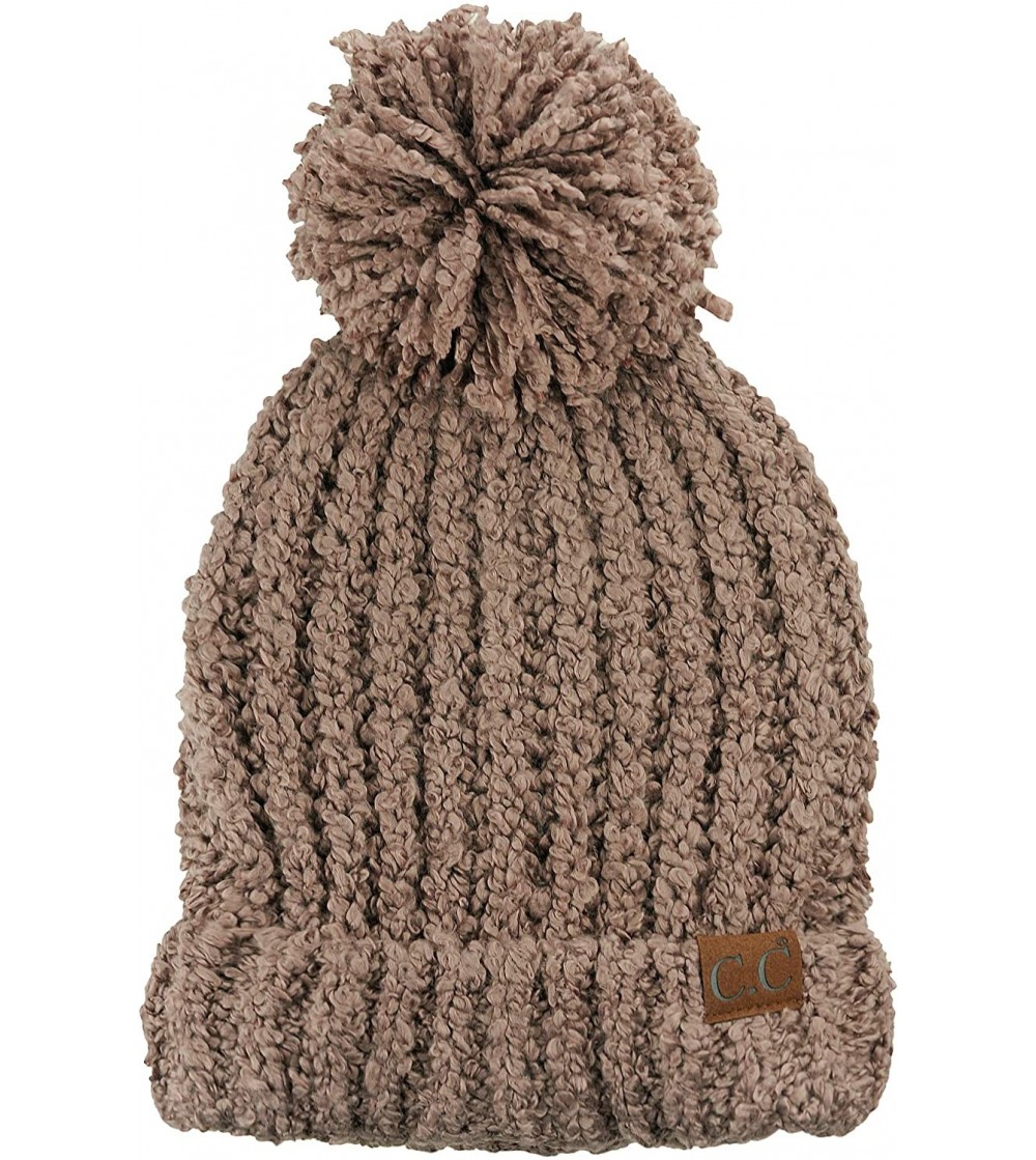 Skullies & Beanies Women's Chenille Soft Stretchy Pom Cuffed Knit Beanie Cap Hat - Taupe - C718IQHRCWT