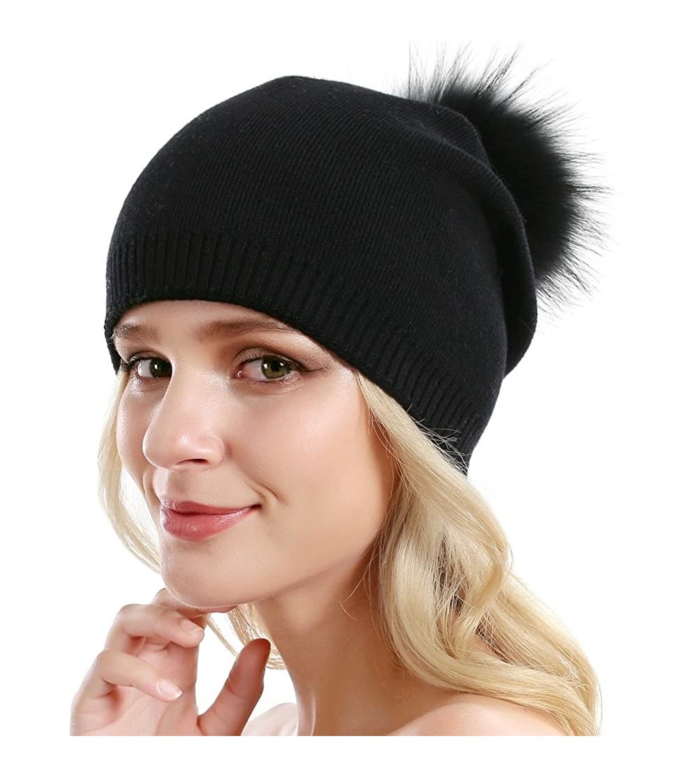Skullies & Beanies Women Knit Wool Beanie - Winter Solid Cashmere Ski Hats Real Raccoon Fur Pom Pom - 02- Black With Black Po...
