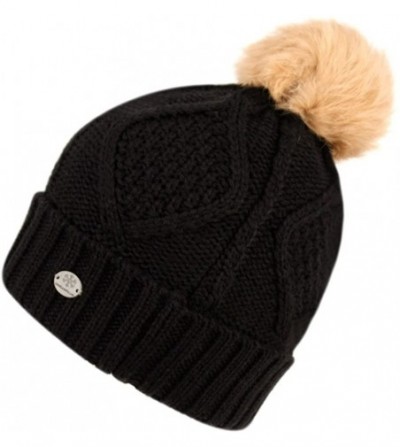Skullies & Beanies Women's Thick Cable Knit Beanie Hat with Soft Fur Pom Pom - Jet Black - CD12NT55762