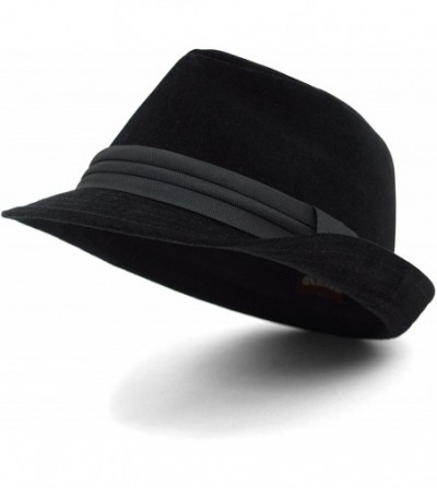 Fedoras Mens Velvet Fedora Hat - Black Banded Classic Brim Fedora for Men - CR1876D47SA