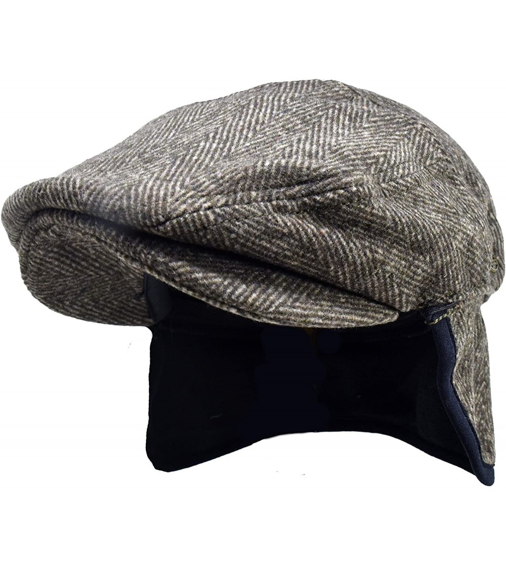 Newsboy Caps 100% Wool Herringbone Winter Ivy Cabbie Hat w/Fleece Earflaps - Driving Hat - Brown - CD18ZUGXIGC