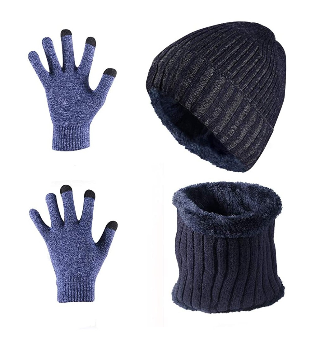 Skullies & Beanies Winter Knit Beanie Hat Neck Scarf Touch Screen Gloves Set Fleece Lined Skull Cap - Navy - CQ18N9O99GC