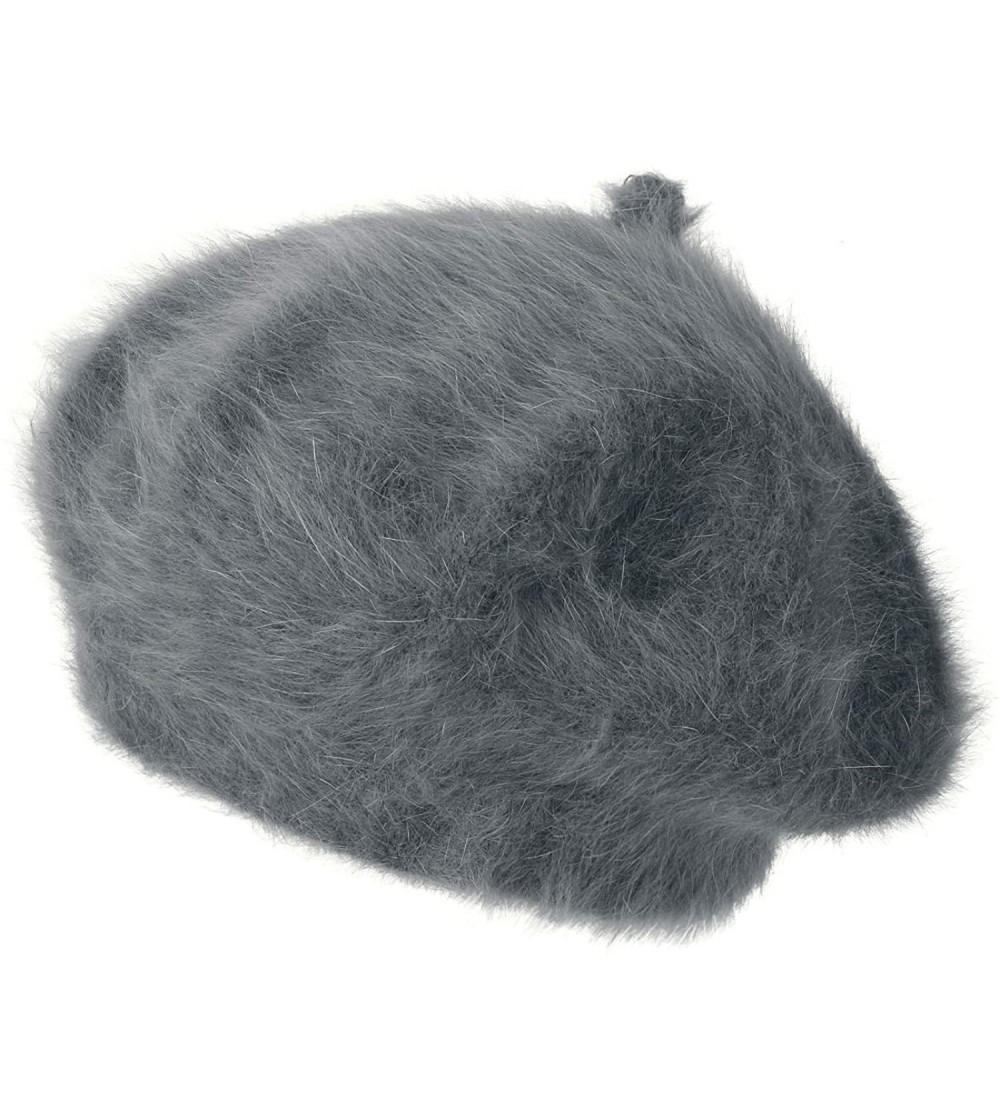 Berets Solid Color Angora French Beret Furry Artist Flat Winter Hat - Dark Grey With Tab - CJ18KISEXEI