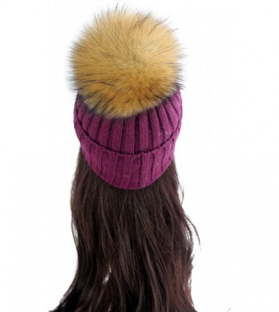 Skullies & Beanies Women Cable Knit Beanie Raccoon Fur Fuzzy Pompom Chunky Winter Stretch Skull Cap Cuff Hat - 18burgundy - C...