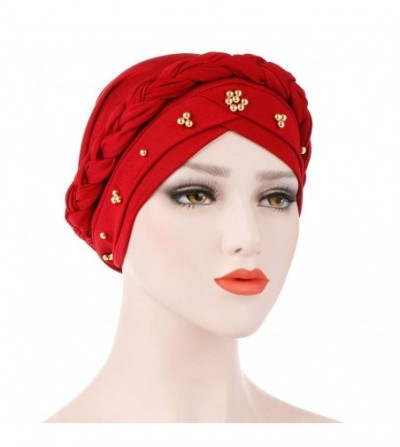 Skullies & Beanies Women Beaded Braid India Hats Muslim Cancer Chemo Beanie Turban Wrap Cap - Red - CM18T7OQUAO
