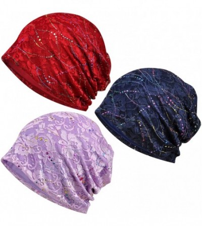 Skullies & Beanies Women's Baggy Slouchy Beanie Chemo Cap for Cancer Patients - 3 Pack Lace Navy & Purple & Red Wine - CX18SR...
