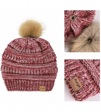 Skullies & Beanies Cable Knit Pom Pom Beanie Womens Winter Warm Faux Fur Pompoms Bobble Ski Hat Cap - Red/White Mix - C518K4W...