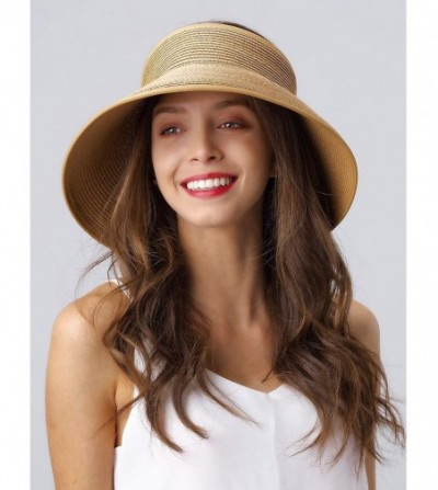 Sun Hats Womens Wide Brim Summer Beach Straw Hat Foldable Roll Up Sun Visor Hats for Women - Khaki - CM18RH8654U