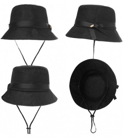 Bucket Hats Packable UPF Straw Sunhat Women Summer Beach Wide Brim Fedora Travel Hat 54-59CM - 00705_black - C218RK9Y54A