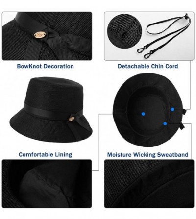 Bucket Hats Packable UPF Straw Sunhat Women Summer Beach Wide Brim Fedora Travel Hat 54-59CM - 00705_black - C218RK9Y54A