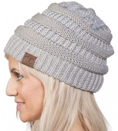 Skullies & Beanies Thick Soft Knit Oversized Beanie Cap Hat - Metallic Silver - CY11MU0TN67