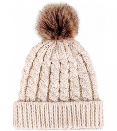 Skullies & Beanies Womens Winter Hand Knit Faux Fur Pompoms Beanie Hat - 2 Pcs Grey/Cream2 - CN11T4FUP4Z