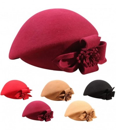 Berets Womens Beret French Beret Retro Large Flower Hat Beanie Cap for Ladies - Wine Red - CU18L7MWCTZ