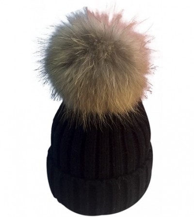 Skullies & Beanies Women's Winter Wool Beanie Cap Fur Ball Warm Knitted Hat - Black - CR12NTMCHQ7