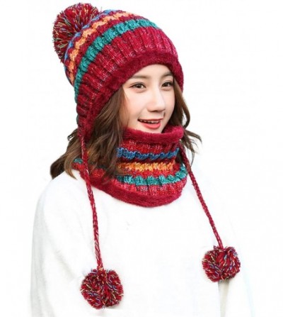 Skullies & Beanies Women Fleece Lined Winter Beanie Hat Ski Cap Ear Flaps Peruvian Dual Layered Pompoms - C05-m8771-red - CW1...