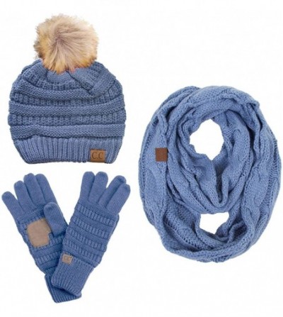 Skullies & Beanies 3pc Set Trendy Warm Chunky Soft Stretch Cable Knit Pom Pom Beanie- Scarves and Gloves Set - Denim - CK18KO...