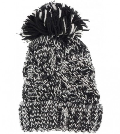 Skullies & Beanies Women's Sherpa Lined Knit Pom Pom Beanie Hat - Black- White - CQ18A6GYCXU