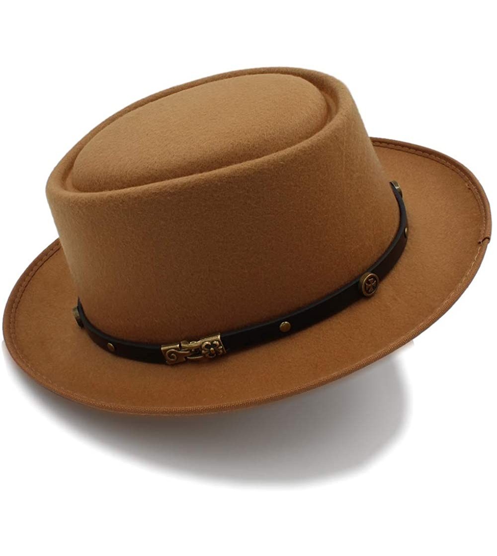 Bucket Hats Pork Pie Felt Hat Autumn and Winter Fedoras for Women Short Brim Elegant Casual Jazz Caps - Khaki - CJ18IGENWL5