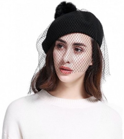 Berets Women's Franch Inspired Wool Felt Beret Hat with Veil Cocktail Hat - Pompom-black - C2187QCD0M5