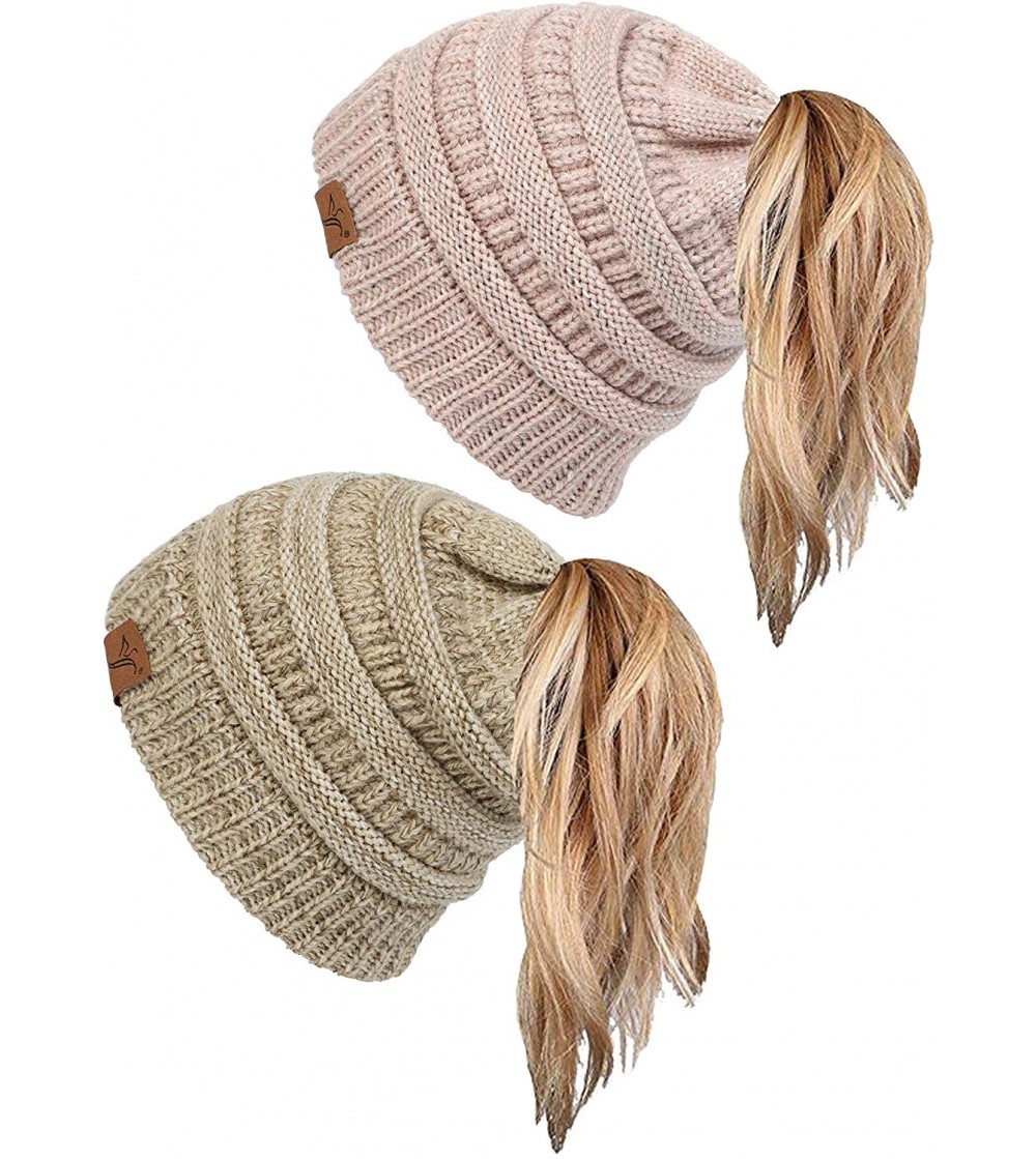 Skullies & Beanies Ponytail Messy Bun Beanie Tail Knit Hole Soft Stretch Cable Winter Hat for Women - CR18X4ZQ3SI