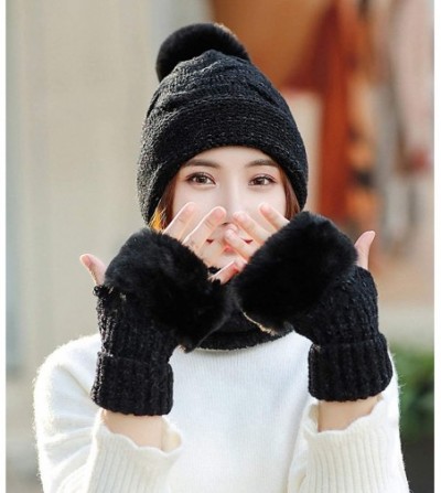 Skullies & Beanies Women's Chenille Hat Scarf and Gloves Set Thick Winter Warm Set 3pcs - Black - C318ZKG26CE