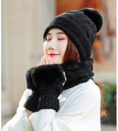 Skullies & Beanies Women's Chenille Hat Scarf and Gloves Set Thick Winter Warm Set 3pcs - Black - C318ZKG26CE