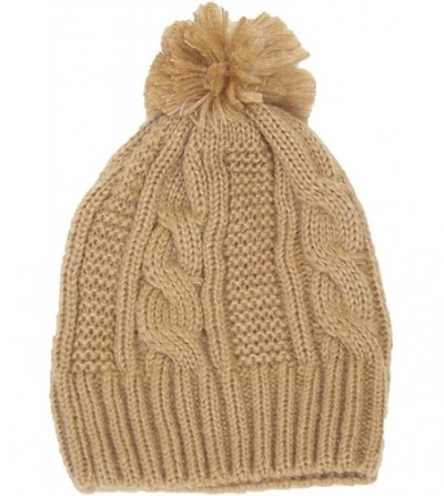 Skullies & Beanies Women's Cable Knit Cuffless Winter Cap with 3 1/2" Pom Pom (One Size) - Khaki - C011HPCL22X