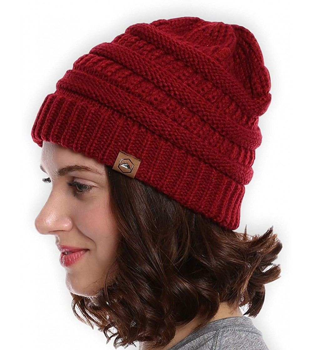 Skullies & Beanies Womens Cable Knit Beanie - Warm & Soft Stretch Winter Hats for Cold Weather - Maroon - CG12N9LWD7I