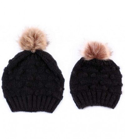 Skullies & Beanies Women Beanie Hat Family Matching Mom and Baby Knit Cap Pom Pom Beanie Warm Hat Thick Winter Hat - Mom-blac...