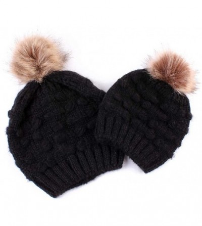 Skullies & Beanies Women Beanie Hat Family Matching Mom and Baby Knit Cap Pom Pom Beanie Warm Hat Thick Winter Hat - Mom-blac...