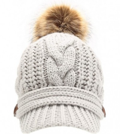 Skullies & Beanies Women's Chunky Winter Soft Cable Knitted Double Layer Visor Beanie Hat with Faux Fur Pom Pom - Light Grey ...
