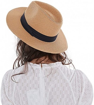 Sun Hats Panama Straw Hats-Womens Sun Hat Summer Wide Brim Floppy Fedora Beach Cap UPF50+ - A04-brown - CJ18COA64M4