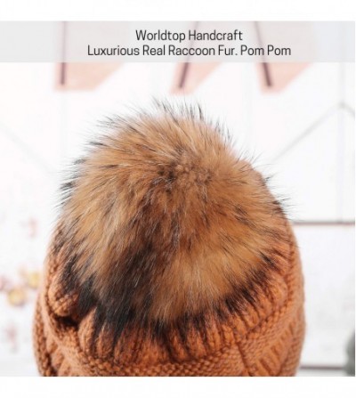 Skullies & Beanies Merino Wool Knitted Bun Beanie - Women Hat Cap with Cute Pony Tail Hole - Raccoon Fur Pompom (Khaki & Yell...