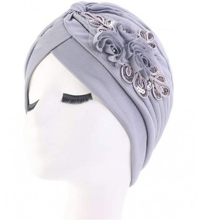 Skullies & Beanies Womens Sequin Flower Turban Elegant Muslim Beanie Head wrap Chemo Cap - Gray - C818UAAGZR6