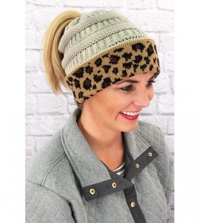 Skullies & Beanies Ivory Cable Knit Leopard Cuff Ponytail Beanie - C918H7Y98XG