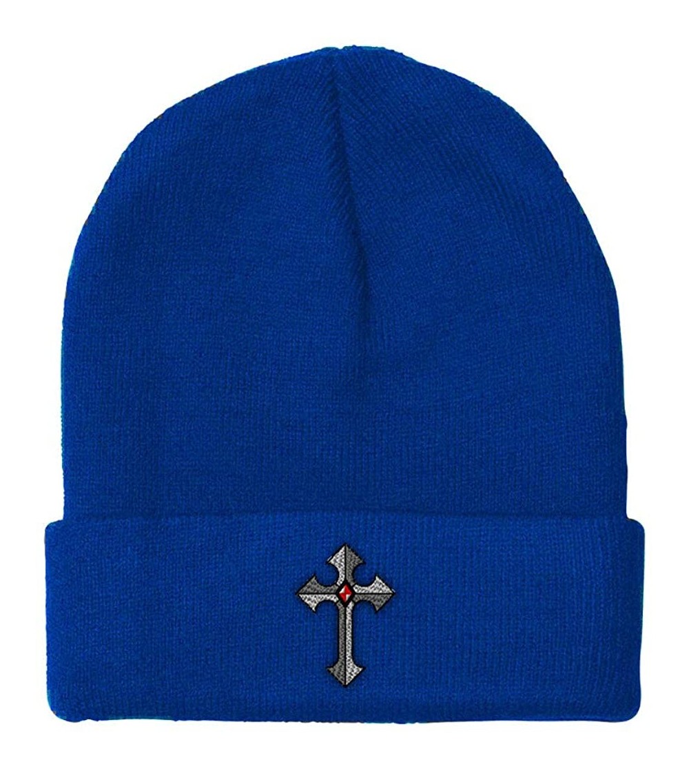 Skullies & Beanies Custom Beanie for Men & Women Religious Gothic Cross Embroidery Skull Cap Hat - Royal Blue - CF18ZS3H024