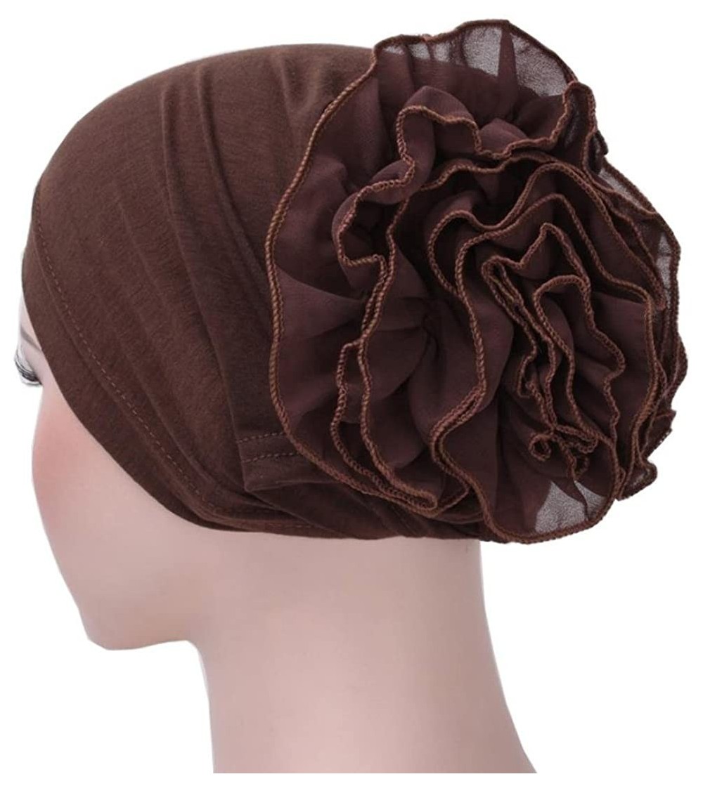 Skullies & Beanies Women Flower Muslim Ruffle Cancer Chemo Hat Beanie Turban Head Wrap Cap - Coffee - CY187A83A69
