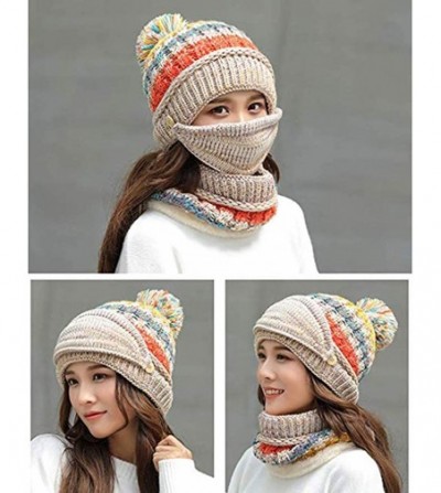 Skullies & Beanies Fleece Lined Pom Pom Beanie Scarf Mask Set Thick Knit Ski Hat for Girls Women - Beige - CE18Z63LZYZ