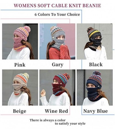 Skullies & Beanies Fleece Lined Pom Pom Beanie Scarf Mask Set Thick Knit Ski Hat for Girls Women - Beige - CE18Z63LZYZ