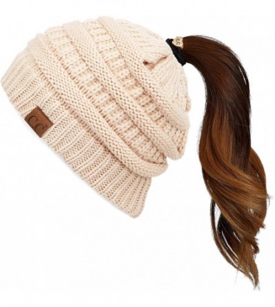 Skullies & Beanies Exclusives Soft Stretch Cable Knit Messy Bun Ponytail Beanie Winter Hat for Women (MB-20A) - C1189IQTRO4