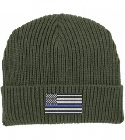 Skullies & Beanies Thin Blue Line American Flag Support Police Law Enforcement Winter Watch Cap Hat - Od Green - CX180U7QY5T