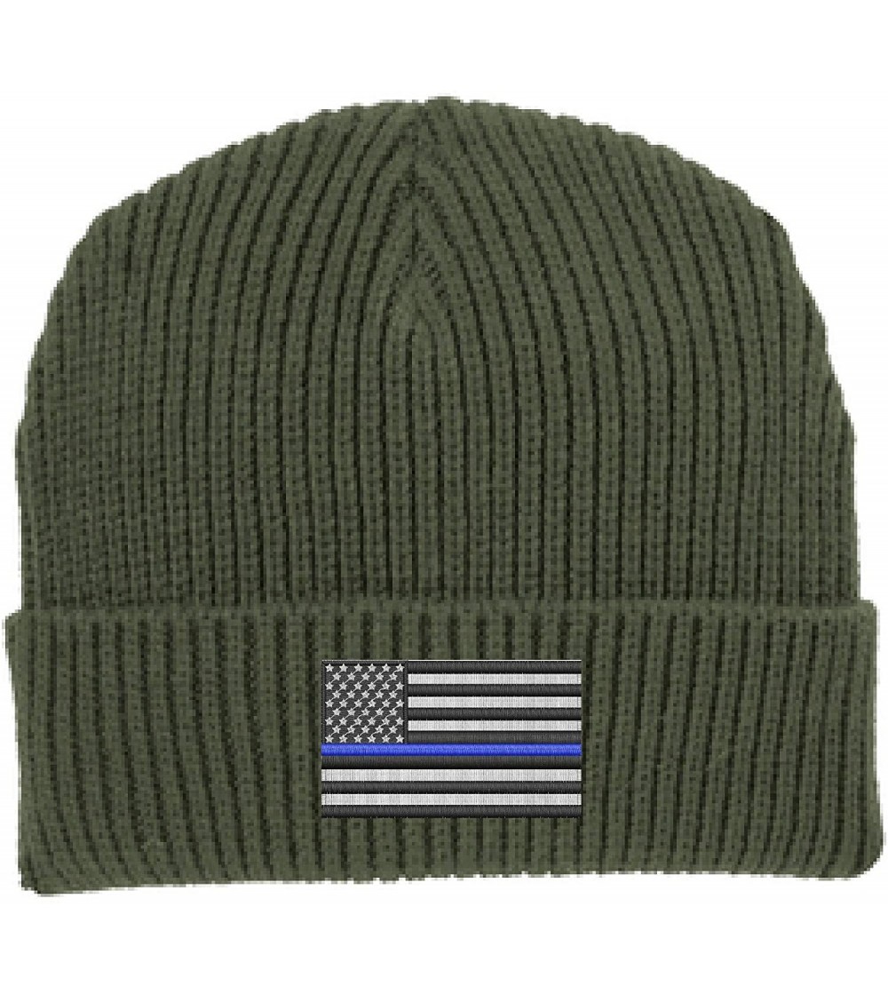 Skullies & Beanies Thin Blue Line American Flag Support Police Law Enforcement Winter Watch Cap Hat - Od Green - CX180U7QY5T