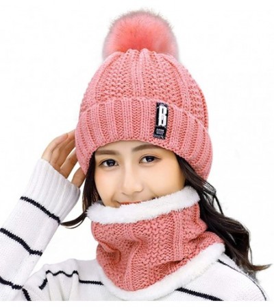 Skullies & Beanies Womens Knit Scarf Beanie Hat 2PCS Set Fleece Lined Pom Skull Cap Scarves Soft Warm Winter Gift Set - Pink ...