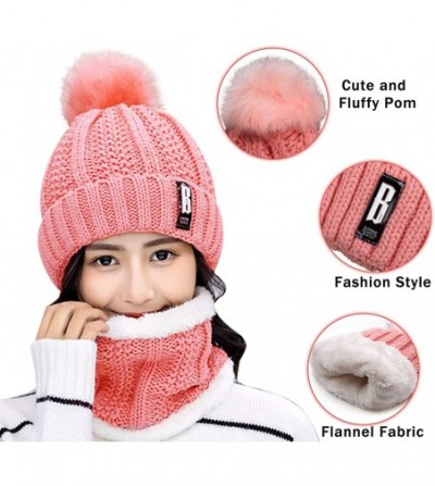 Skullies & Beanies Womens Knit Scarf Beanie Hat 2PCS Set Fleece Lined Pom Skull Cap Scarves Soft Warm Winter Gift Set - Pink ...