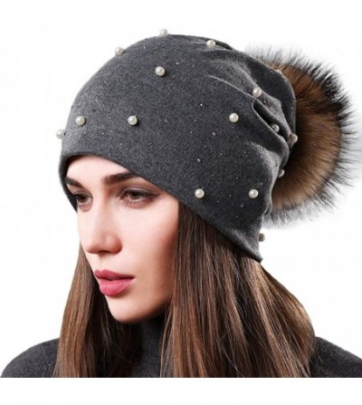 Skullies & Beanies Womens Slouchy Beanie Hat with Real Raccoon Fur Pompom Cotton Pearls Winter Fall Hat - Grey 2 - C91927MY2WH