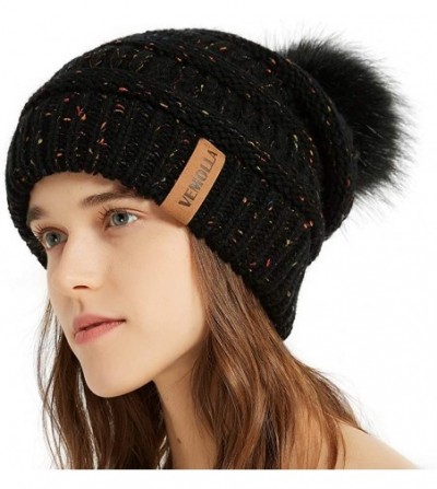 Skullies & Beanies Womens Winter Knit Slouchy Beanie Chunky Hats Bobble Hat Ski Cap with Faux Fur Pompom - Confetti Black - C...