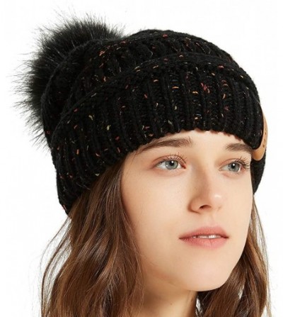 Skullies & Beanies Womens Winter Knit Slouchy Beanie Chunky Hats Bobble Hat Ski Cap with Faux Fur Pompom - Confetti Black - C...