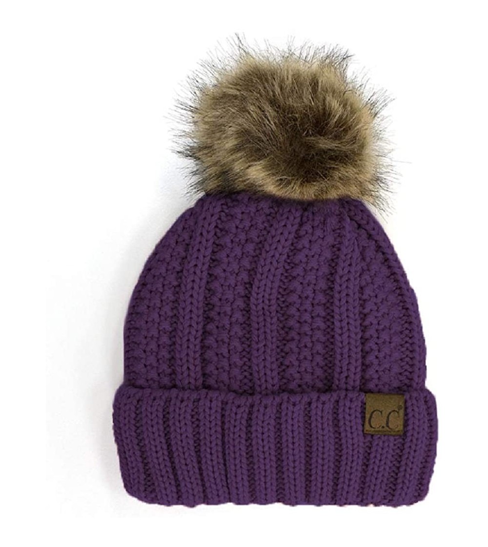 Skullies & Beanies Cable Knit Beanie with Faux Fur Pom - Warm- Soft- Thick Beanie Hats for Women & Men - Purple - CW18Y5DL8TC